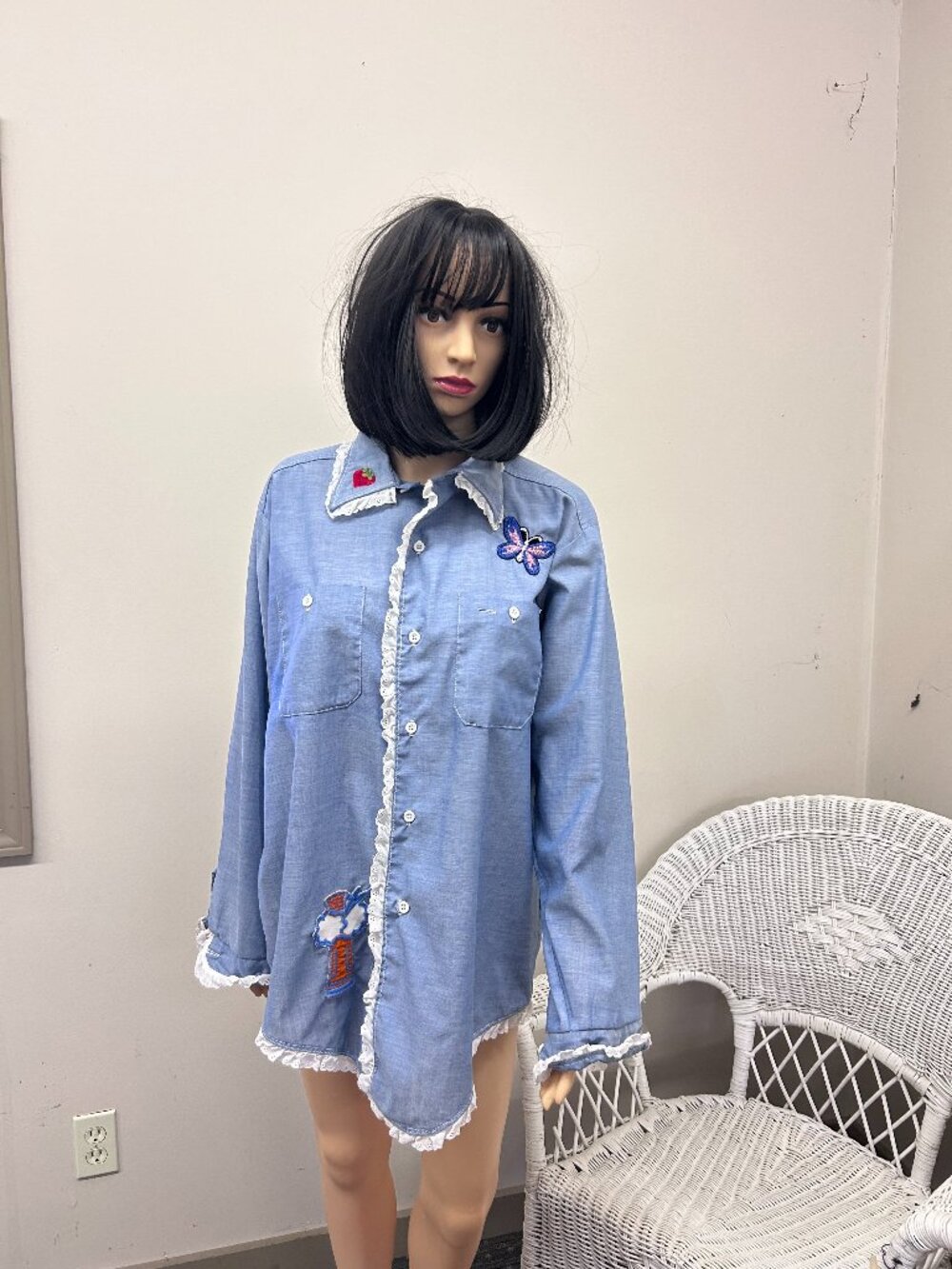Vintage 1970's Chambray and Lace Shirt with Sewn Appliques